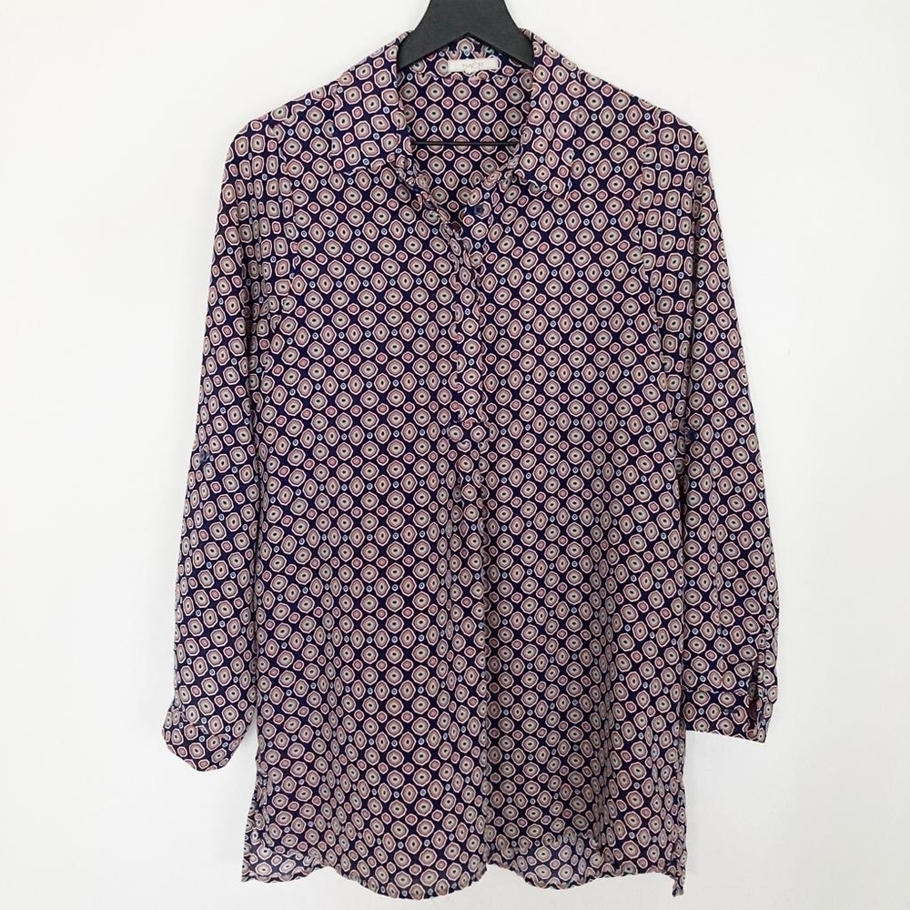 Pleione Vintage Print Collared Button Closure Women's Pullover Tunic Blouse M